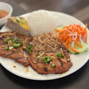 Rice Plate with Pork Chops, Shredded Pork and Meatloaf