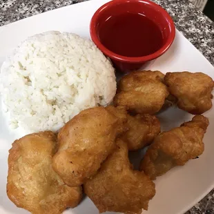 Sweet and sour chicken with steamed rice