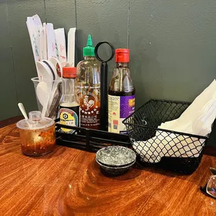 Condiments on table