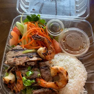 Pork rice plate with shrimp to-go