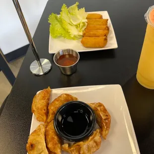 Perfectly fried pork dumplings and pork egg rolls