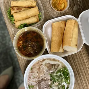 Combination pho, spicy bone marrow, egg rolls.