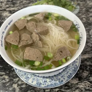 Meatball pho before I added condiments ! How cute is are these plates too!!