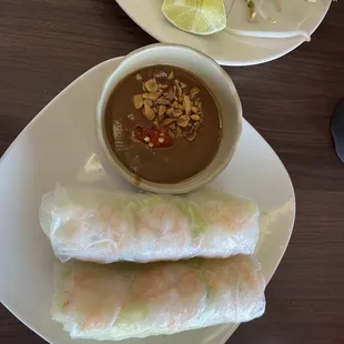 Spring rolls with shrimp and Pho with rare beef.