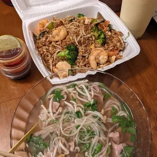 The beef pho with rare steak, spicy Thai fried rice with shrimp and a pineapple smoothie.