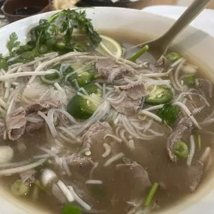 Meatballs and rare steak Pho, delicious broth, plenty of everything
