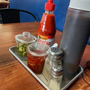 Interesting condiments. The chopped chilis aren't very spicy.