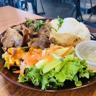 C1. Rice with Grilled Pork and grilled shrimp with Egg Roll Plate