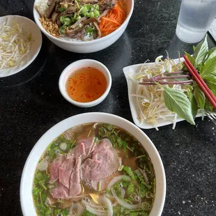 N7. Combination Rice Noodle Bowl  Sp4. Rare Steak and Well Done Flank Spicy Pho