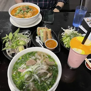 Beef pho, bun rieu, and nem nuong spring rolls.