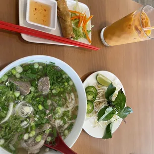 Pho, spring roll, Thai tea