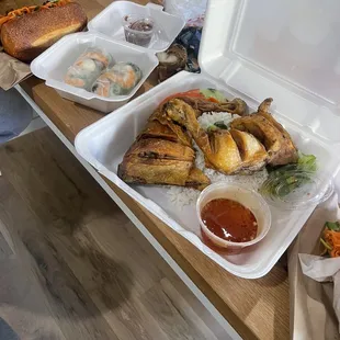 Banh mi sandwich  Fried chicken  Spring rolls  All incredible.
