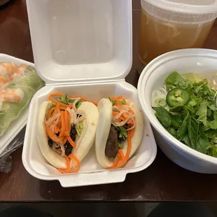 Shrimp fresh roll, pork bao, and chicken pho to-go