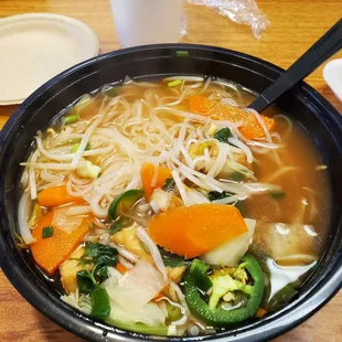 Veggie soup with carrots bean sprouts tofu jalapeno peppers
