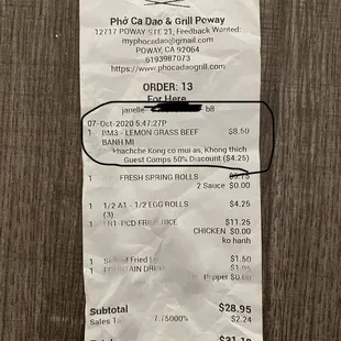 Receipt showing I was charged half price for a sandwich I returned with two bites out of it.