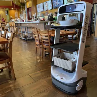 Robot server bringing an large bowl of pho. I saw it spill once because it had to abruptly stop.