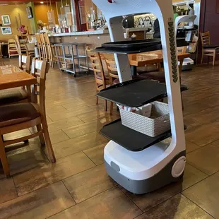 One of the robots bringing food to tables. A server takes the food from the tray and places it on the table.