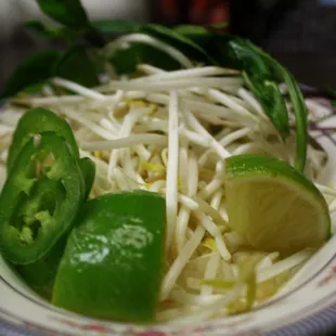 Garnishes: Lime, Chili's, Basil, Bean Sprouts