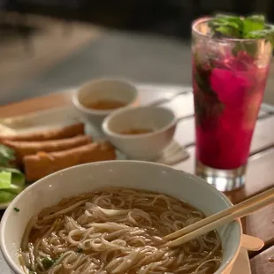 Noodle Bowl, Egg Rolls and a dragon fruit mojito