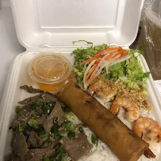 Grilled Shrimp, Grilled Meat, Fried Egg Roll Noodle