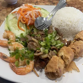 RICE PLATE WITH MEAT, SHRIMP & EGG ROLL