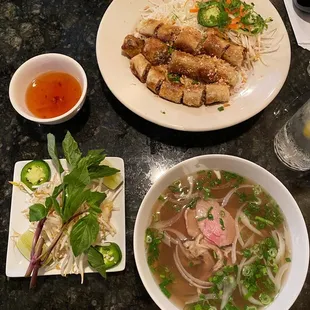 Eggroll vermicelli bowl + flank steak pho