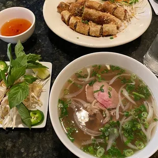Eggroll vermicelli bowl + flank steak pho