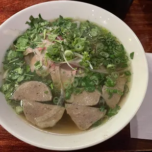 Eye of round steak and meatballs pho
