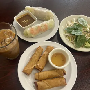 Vietnamese egg rolls, shrimp spring rolls, and Vietnamese Coffee, Large Pho.