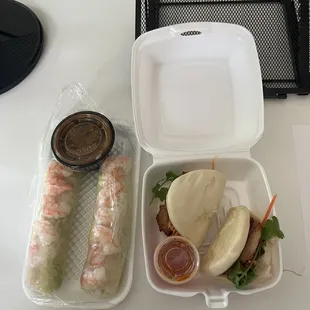 Chicken bao buns and shrimp spring rolls