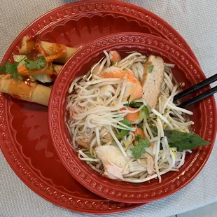 Seafood Pho and Vietnamese egg rolls plates at home on my fancy plates lol