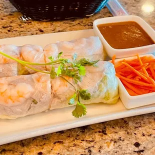 fresh 4. Spring Rolls (pork and shrimp) with peanut sauce and shredded carrots
