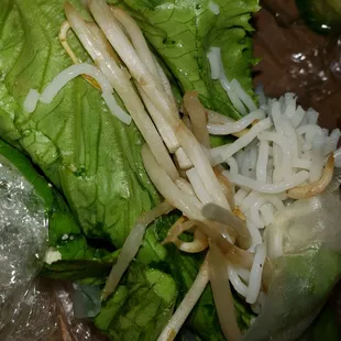 Rotten bean sprouts in spring roll and dirty lettuce