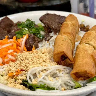 Rice Vermicelli with beef and egg rolls