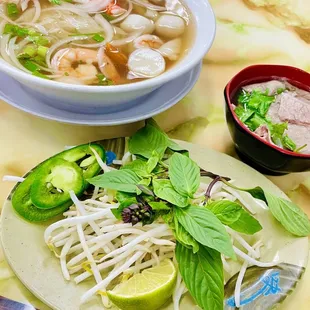 Delicious Seafood Pho, garnish &amp; a side of Brisket