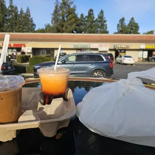 Vietnamese Ice Coffee and Thai Ice Tea and steamed rice