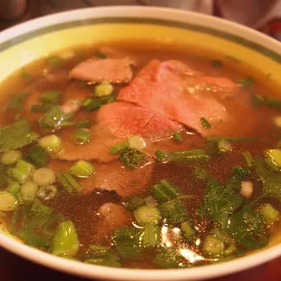 P1. Pho Tai - Noodle soup with rare steak
  
  small bowl - $7.65 w/o tax