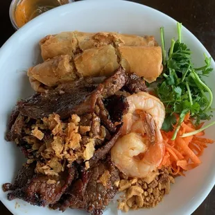 Vermicelli Bowl with Beef, Shrimp, Egg Rolls.