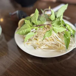 Soup fixin (bean sprouts, basil leaf, jalapeño)