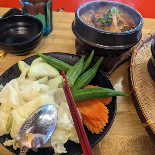 Veggies with a pork dipping sauce.  Can be a bit spicy.