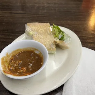 Spring rolls and peanut butter sauce. All vegetables were tasty and fresh!
