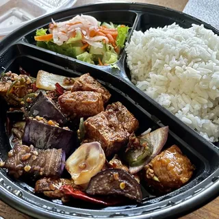 Spicy Eggplant Tofu Stir Fry with Rice