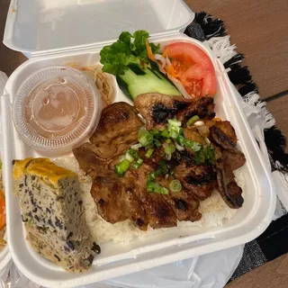#30 Grilled Pork Chop, Pork Skin,egg pork patty .w/ White Rice