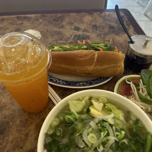 Passionfruit Sweet Tea, Banh Mi Tofu with no mayonnaise, and 18. Pho Khong Thit with veggie broth