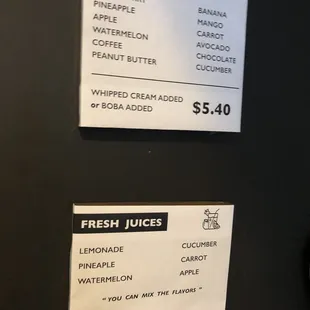 Menu smoothies and juices