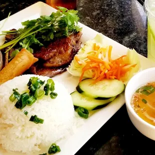 Pork Chop and eggroll rice plate and fresh lemonade