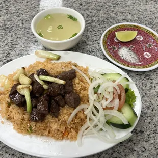 Com Bo Loc Lac (ketchup fried rice, stir-fry beef with side of broth)