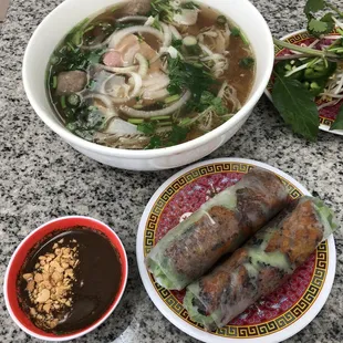 Pho Dac biet and half order of grilled pork spring roll