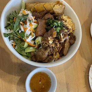 Delicious bbq pork and eggroll vermicelli bowl