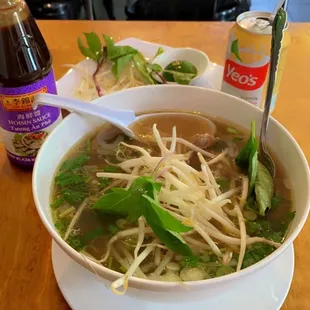 Beef pho special and some drinks on the side-soy milk and iced tea freshly made